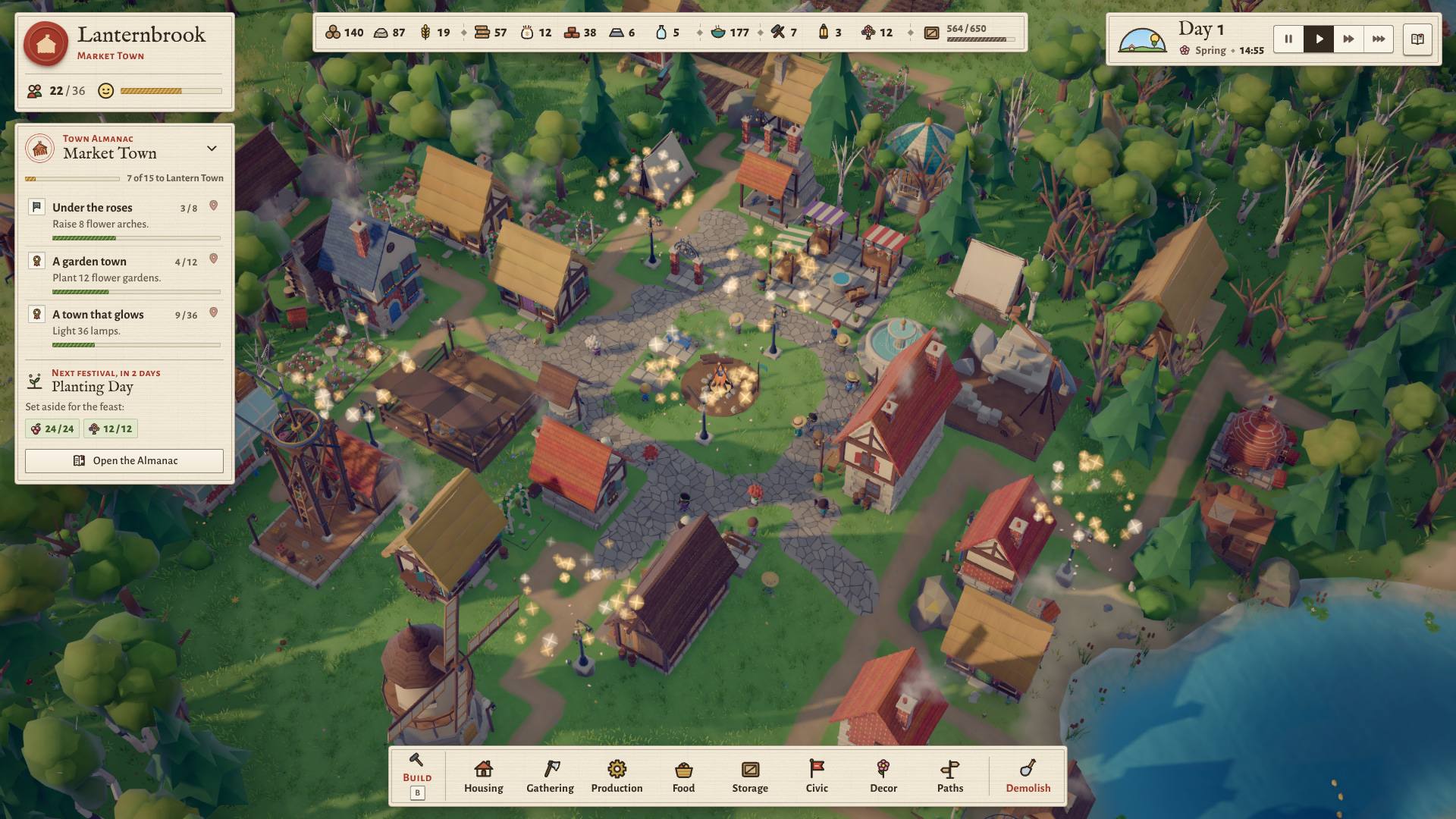 The game with its interface showing: resource counts along the top, the Town Almanac on the left, and the build menu along the bottom.