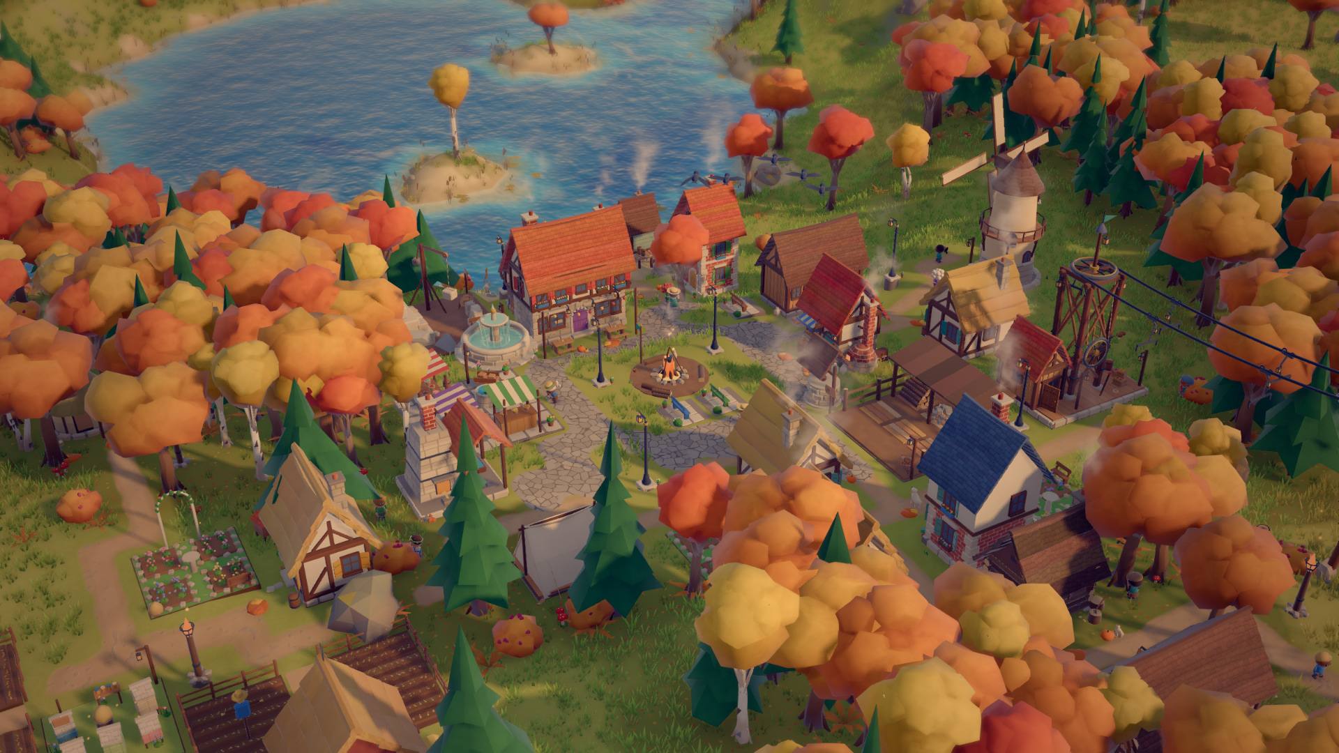 The town in autumn, surrounded by orange and yellow trees, beside a lake with small islands.