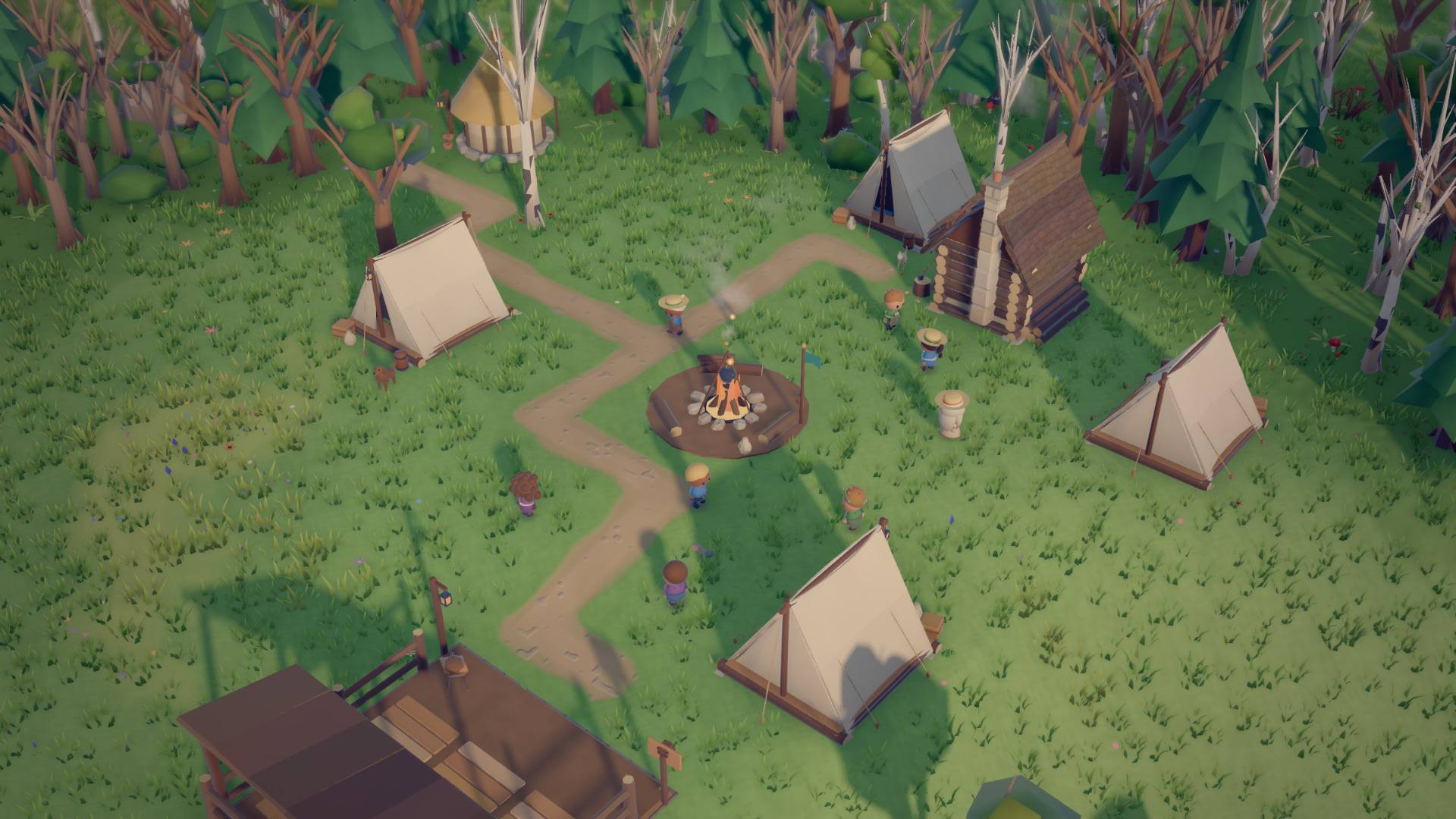 A small camp of canvas tents and a log cabin round a campfire in a forest clearing, with settlers walking about.