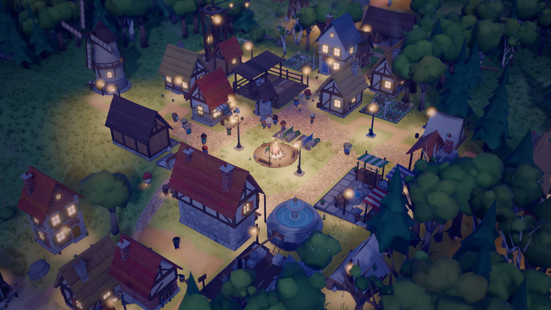 The town square at dusk, lit by lampposts and the campfire, with villagers gathering.