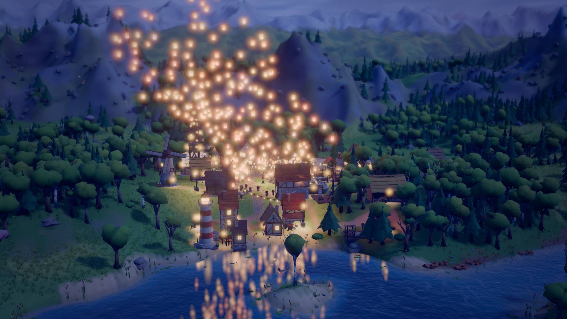 Hundreds of glowing sky lanterns rise from the town square and drift over the forest towards the mountains, reflected in the lake.
