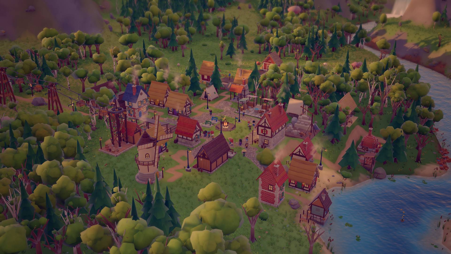 Lanternbrook at golden hour: thatched and tiled houses round a campfire square, a windmill, a ropeway, and a river and lake at the edge of the forest.