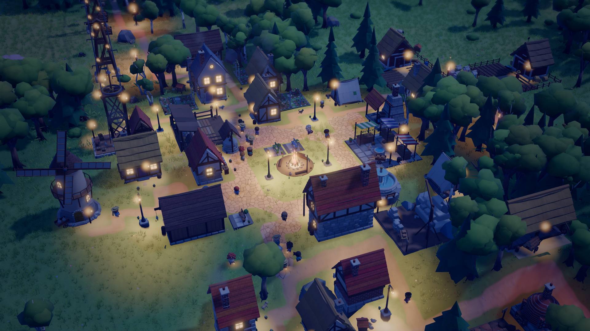 The town late at night, with warm light in the windows and pools of lamplight on the paths.