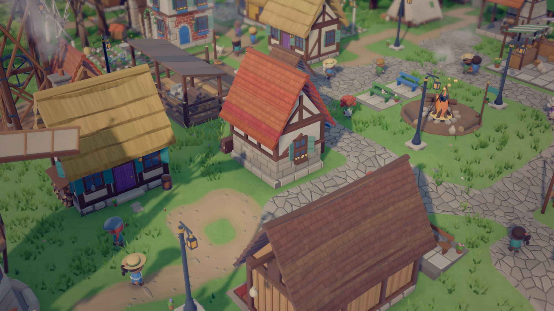 A close view of cottages with thatched and tiled roofs, cobbled paths and villagers in straw hats.