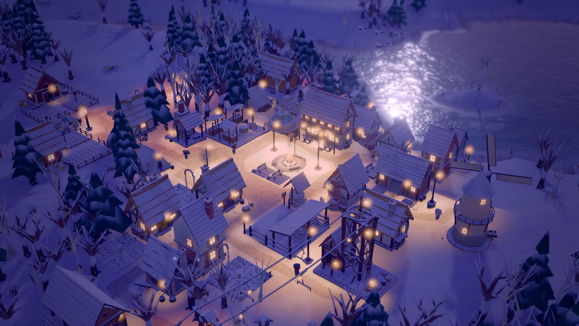 The town under snow at dusk, windows and street lamps glowing, moonlight on the lake.